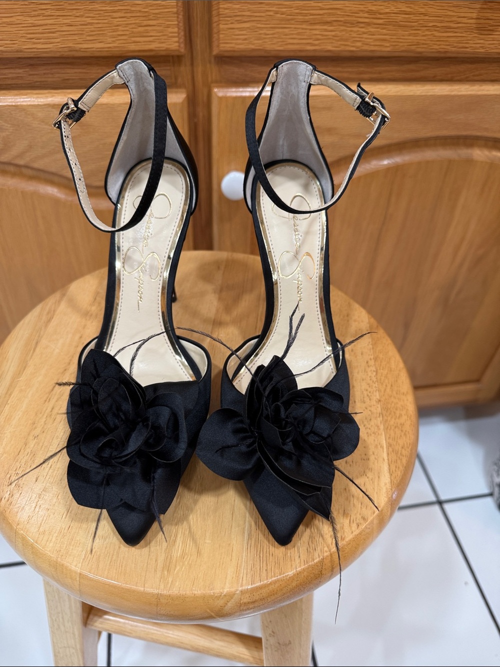 Jessica Simpson Wylin Black Satin Floral Ankle Strap Heels 6.5